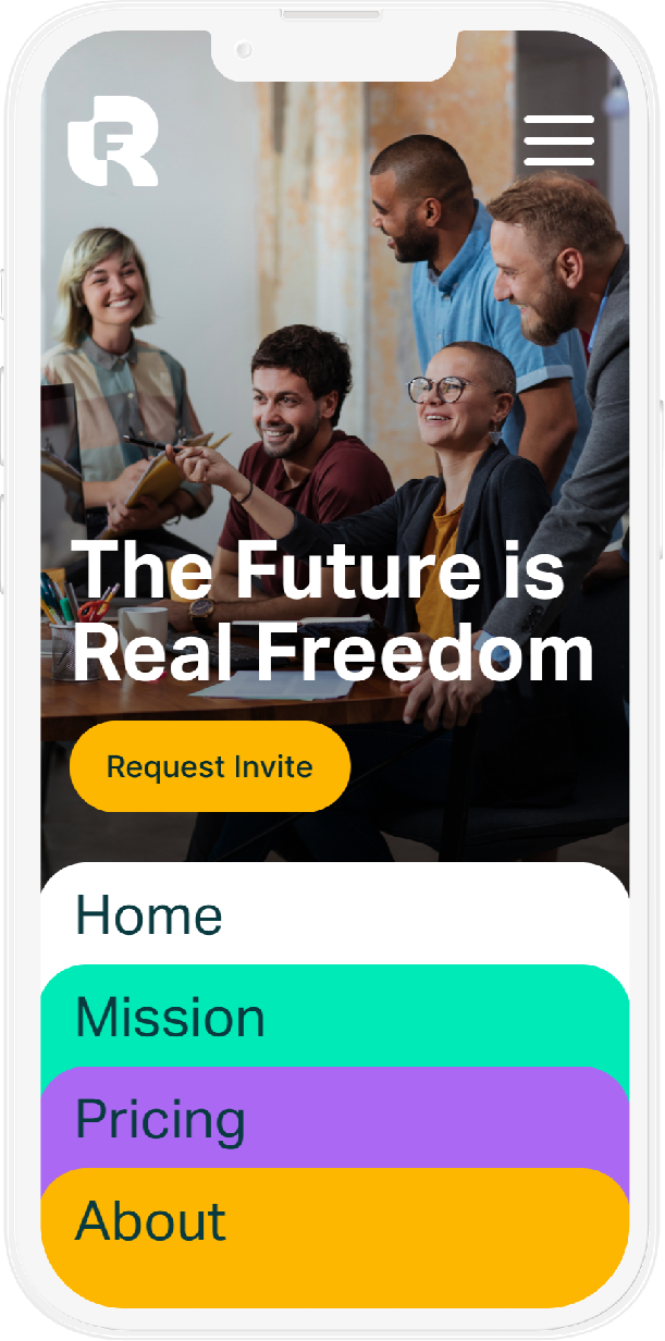 Real Freedom CoLab mobile website mockup on a phone with colorful stacked menu