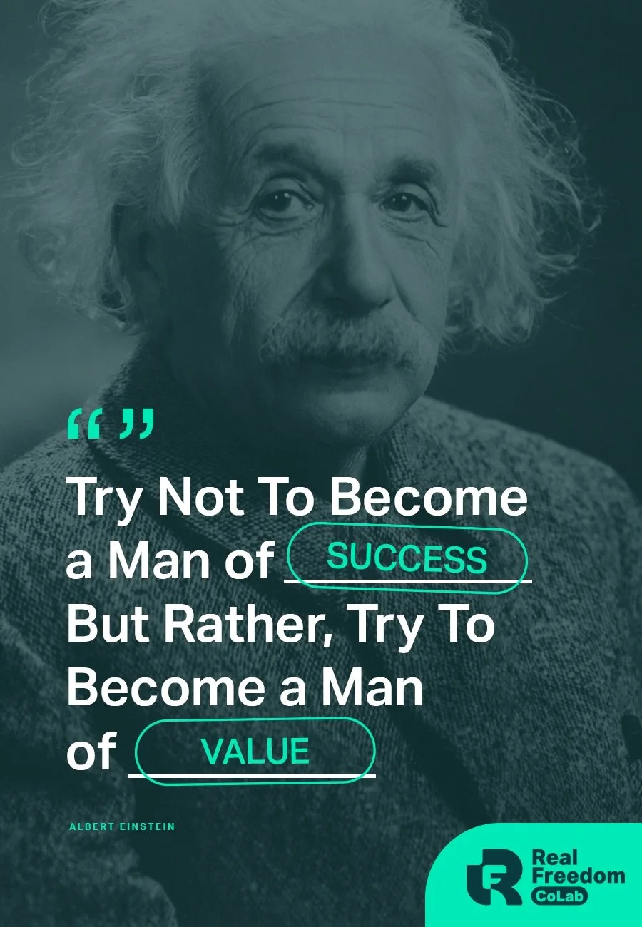 Real Freedom CoLab social graphic with Albert Einstein quote in teal duotone