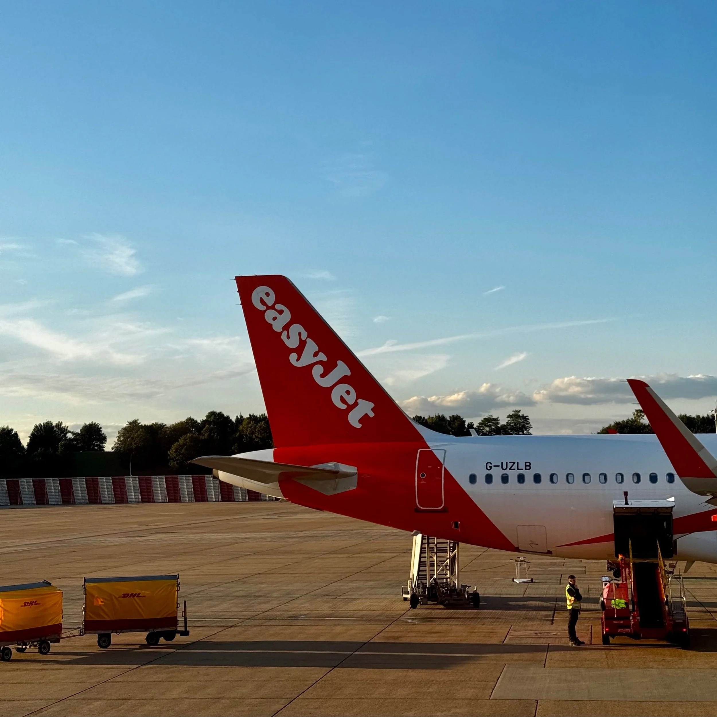 easyJet plane on the tarmac with baggage carts at a London airport
