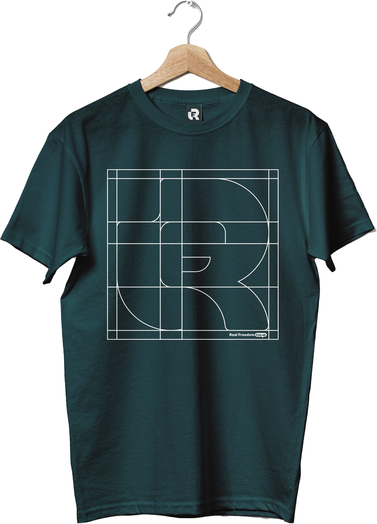 Dark teal Real Freedom t-shirt with white R monogram grid line art