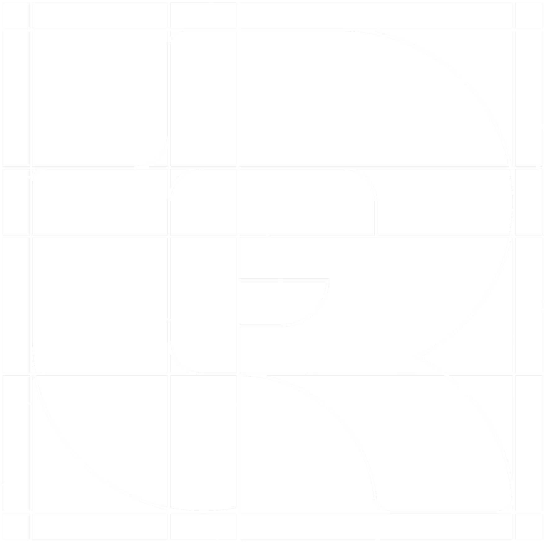 White line diagram showing the Real Freedom R monogram construction grid