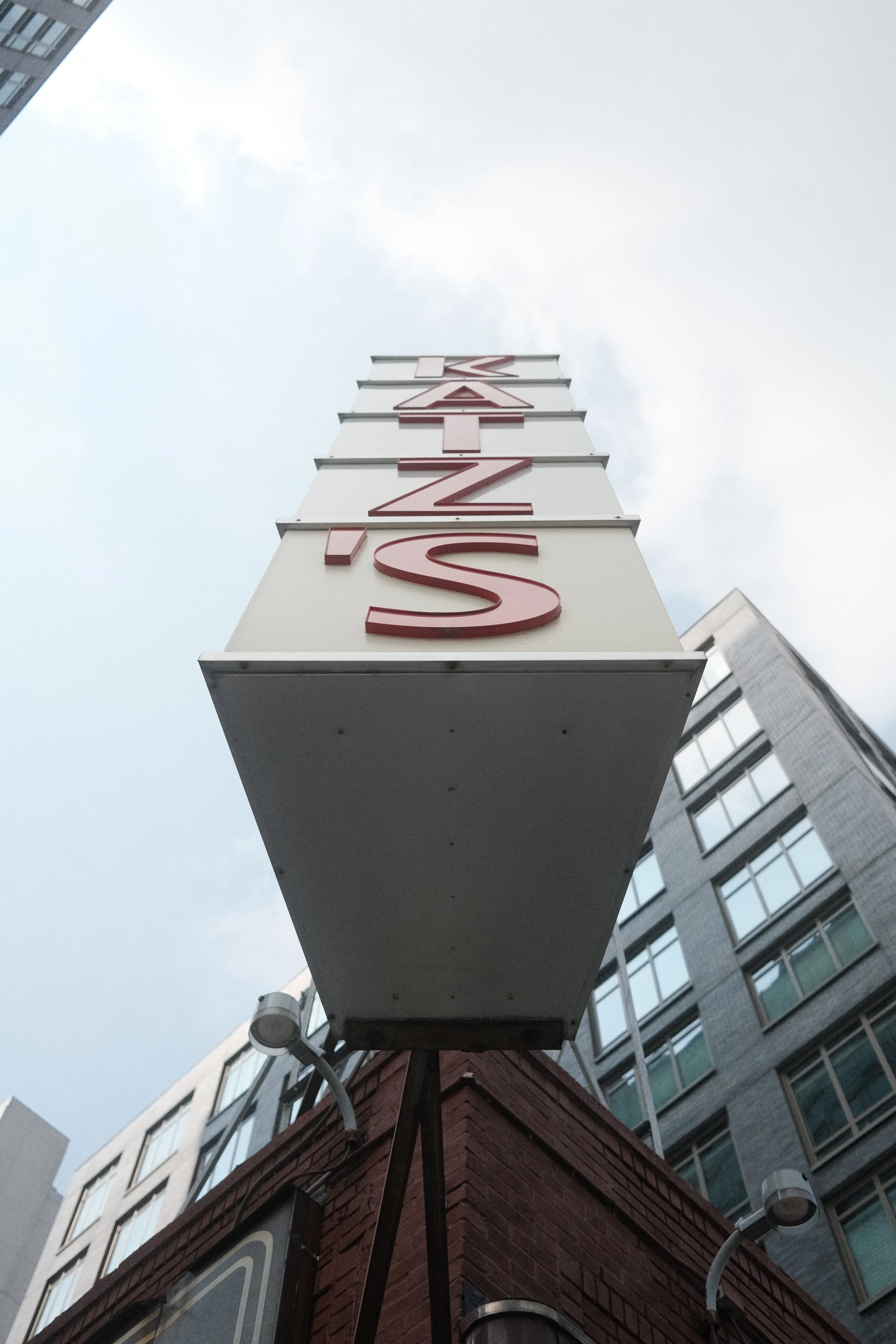 Katz's Delicatessen sign in New York viewed from below