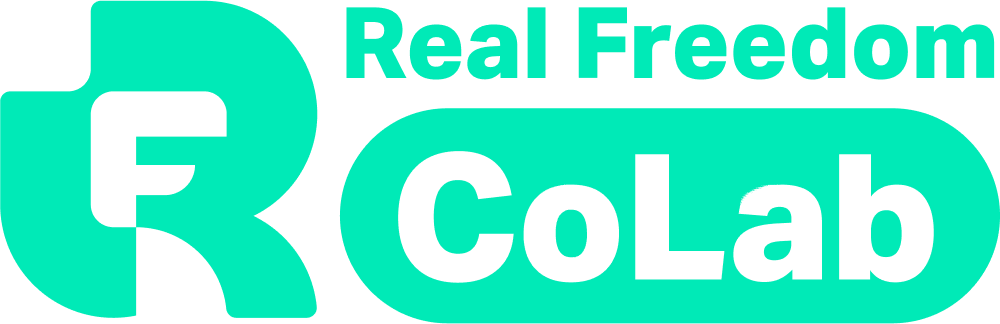 Real Freedom CoLab primary logo with mint green R monogram