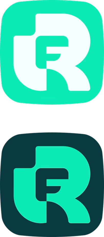 Two Real Freedom app icons with RF monogram in mint and dark teal