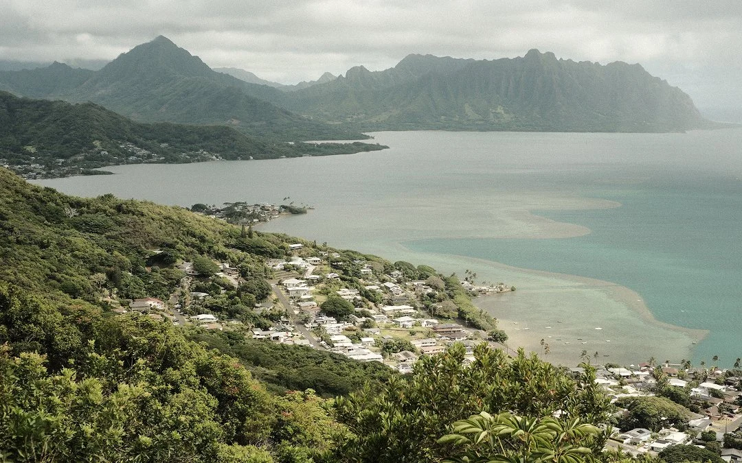 Kaneohe Bay and the Koolau ridgeline from the Puu Maelieli trail, shot with the Yakisugi Green film recipe